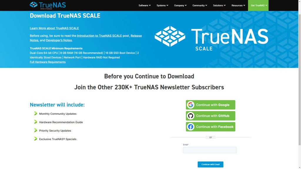TrueNAS公式サイトのSubscribe 登録画面