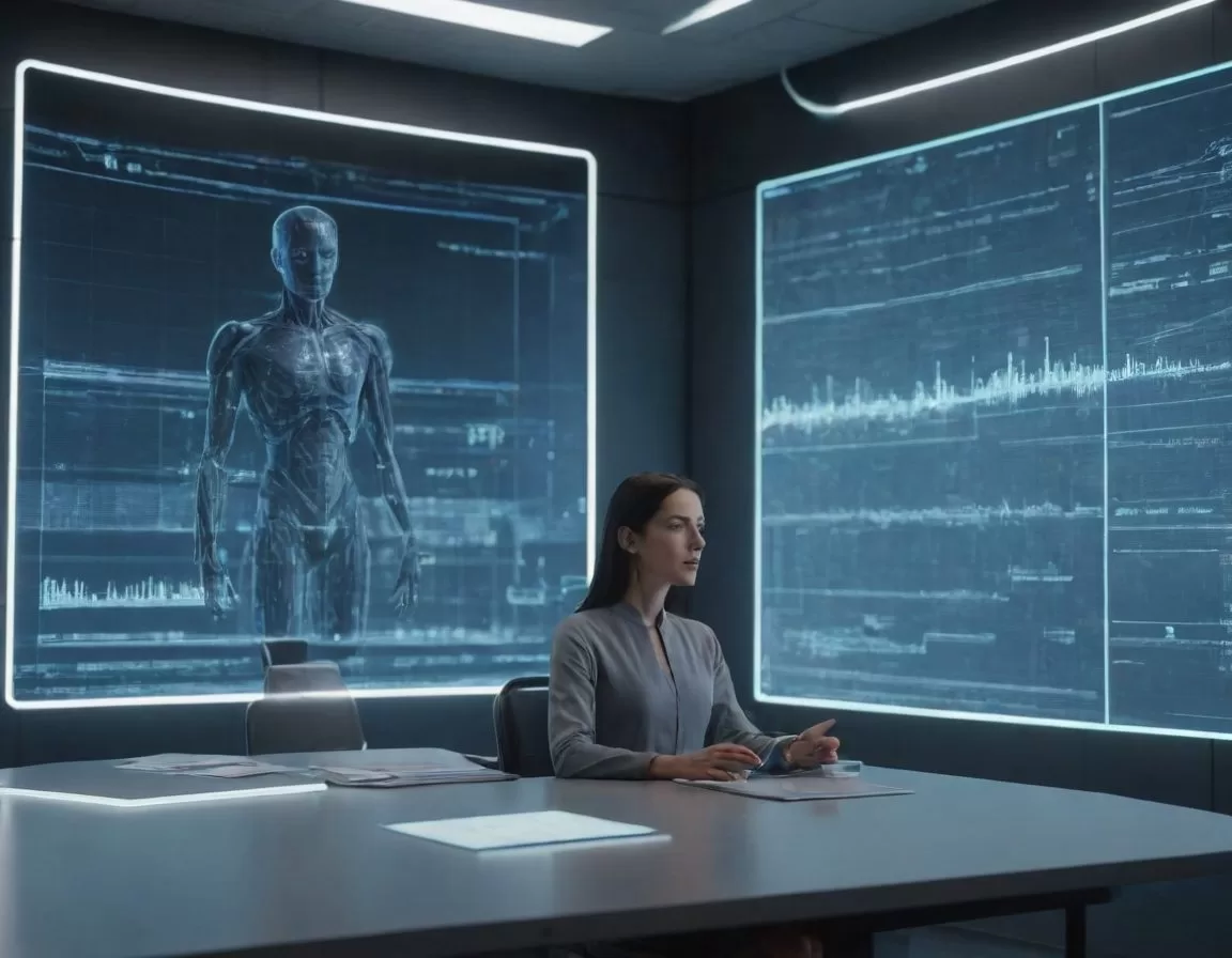 a minimalist illustration of a person speaking to a floating AI interface