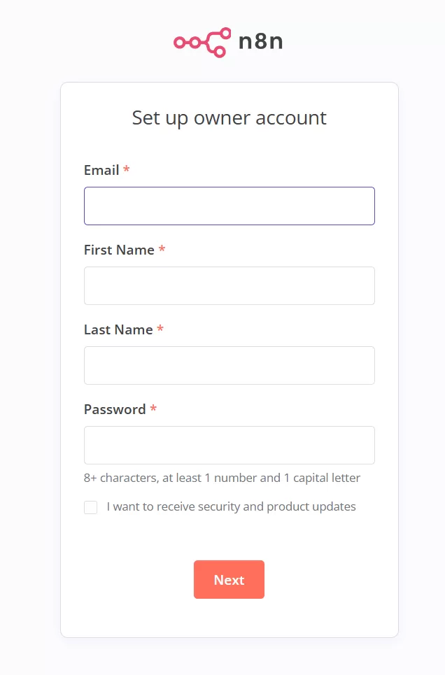 n8n のアカウント作成画面