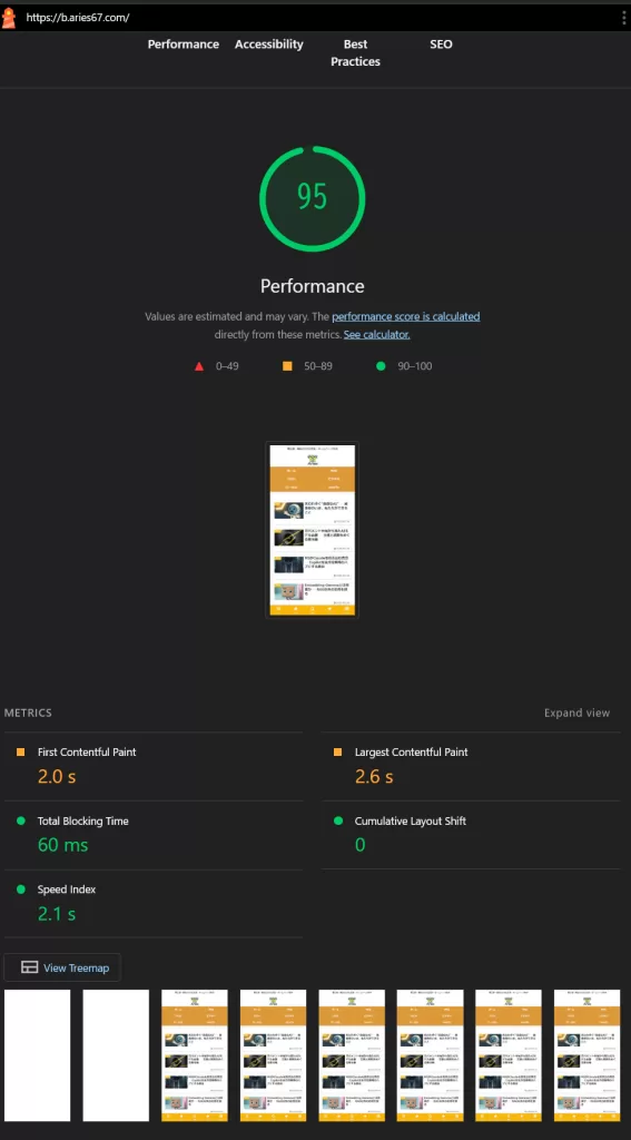https://b.aries67.com/ の Lighthouse 計測結果