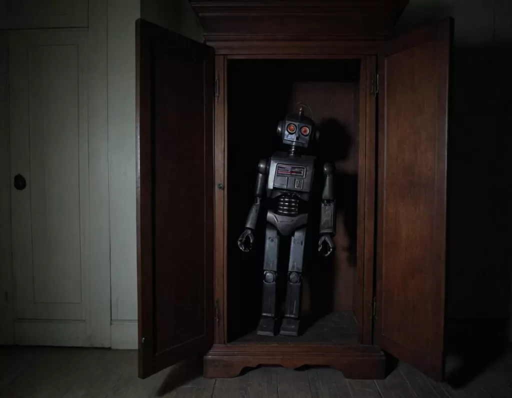 クローゼットに押し込まれ、お役御免になったAIロボットのイメージ