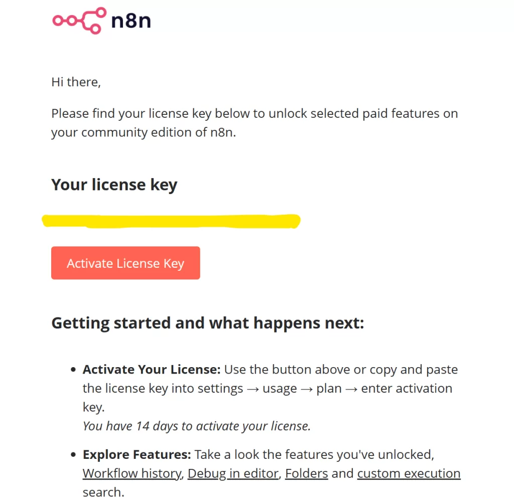 n8n Community Edition のライセンスキーが送られるメール文面