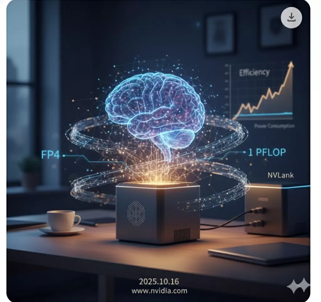 NVIDIA DGX Spark のイメージ。小型筐体からFP4演算を象徴する光のリングが立ち上がり、 空中に知能を象るホログラフィックな脳が浮かぶ。 背景には「1 PFLOP」「NVLink」「Efficiency」などの注釈があり、 FP4時代の省エネ推論と机上スパコンの理念を象徴している。