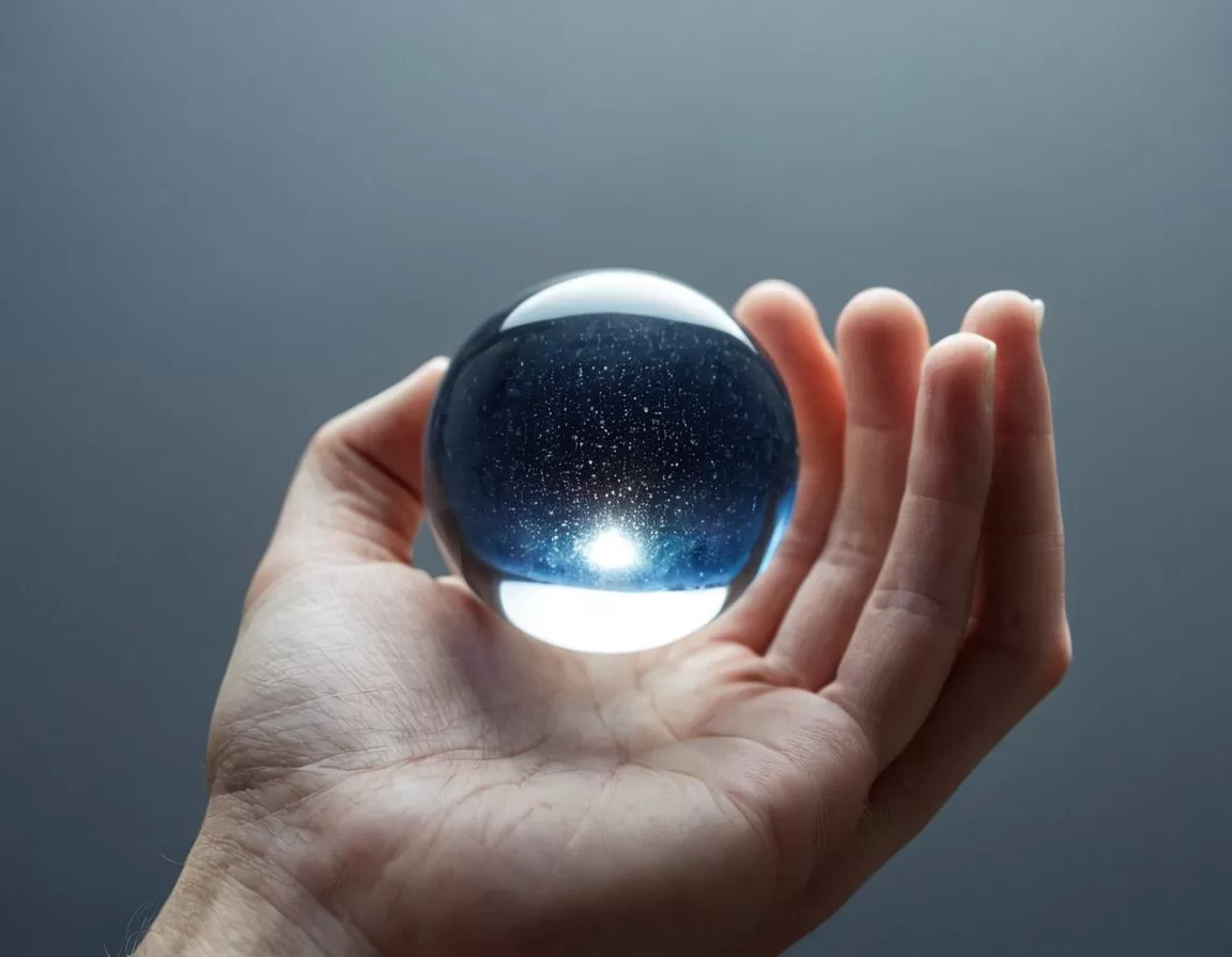 透明なガラス球を手のひらに載せた写真。球体の内部に光が反射し、AI が視覚情報を理解することを象徴している。