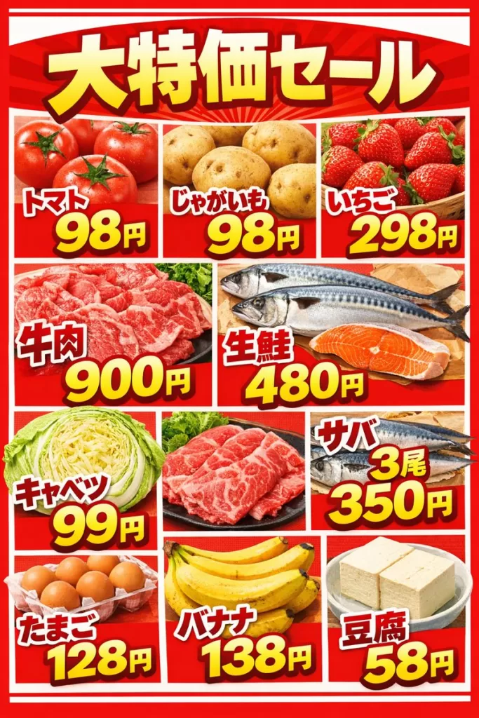 スーパーマーケットの特売チラシ風デザイン。
GPT Images作。