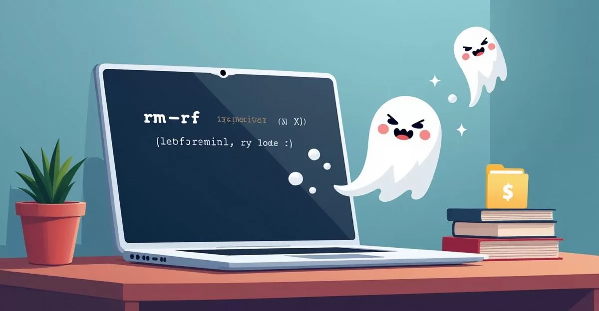 rm -rf コマンドが暴走してファイルが消えていくことを象徴するイラスト