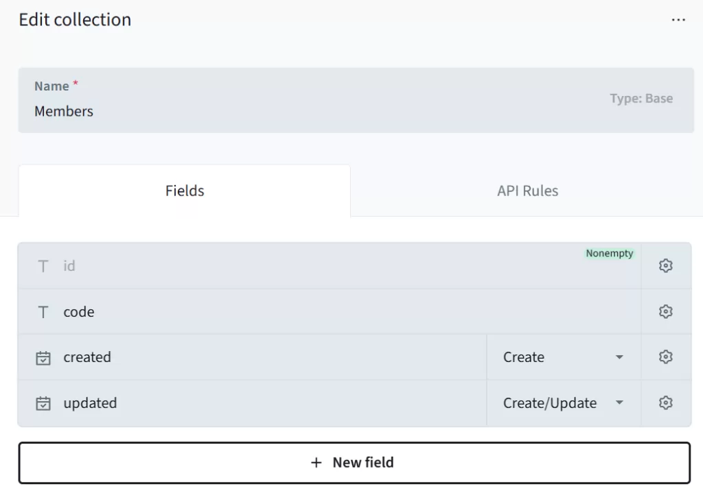 PocketBaseで Collection 【Members】を追加