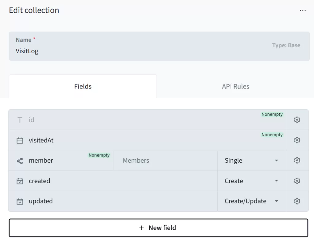 PocketBaseで Collection 【VisitLog 】を追加