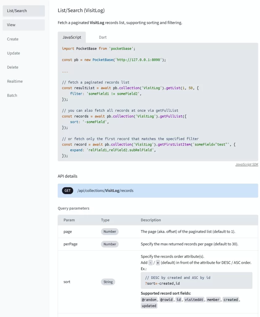PocketBaseで Collection 【VisitLog 】の API PREVIEW の画面