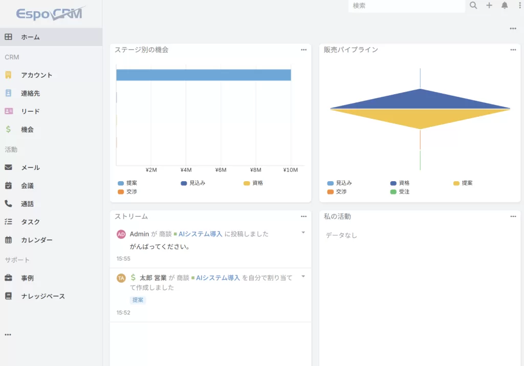 EspoCRMのダッシュボード（日本語対応）