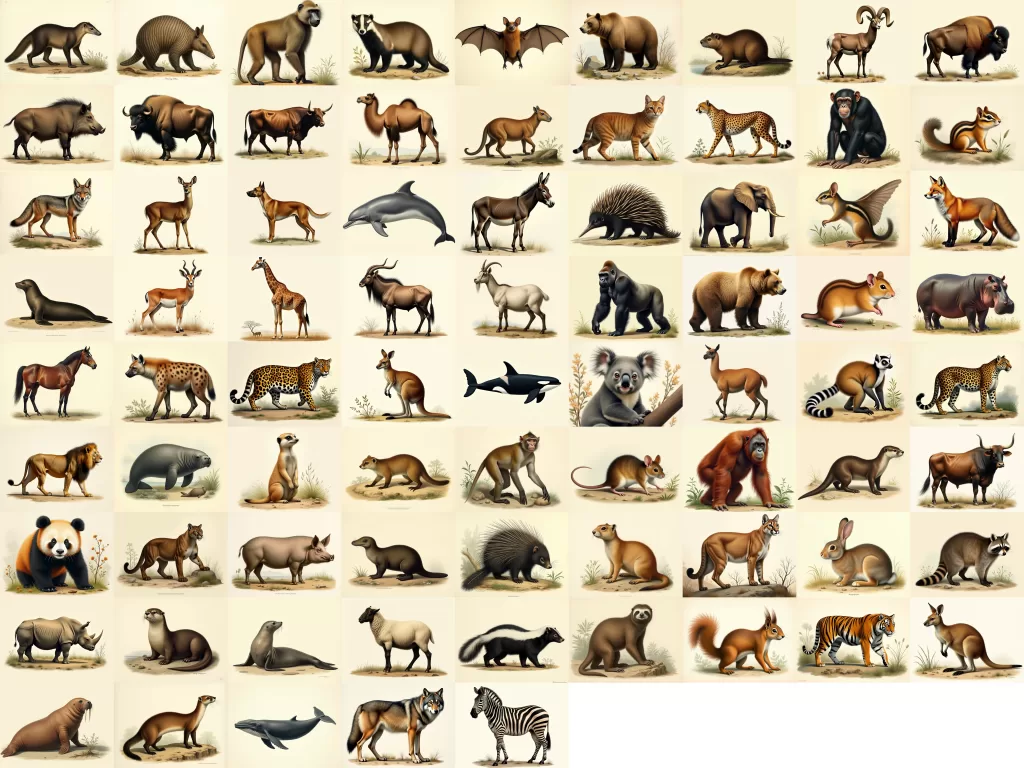 Stable Diffusion WebUI ForgeでDynamic Promptsのワイルドカードを使い、77種類の動物を差し替えて生成した図鑑用の比較画像。