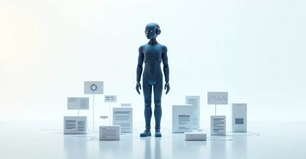 書類やUIパネルに囲まれて立つ人型ロボット。軽量なツールやエージェントが周囲で仕事を分担する世界観を象徴するイメージ。