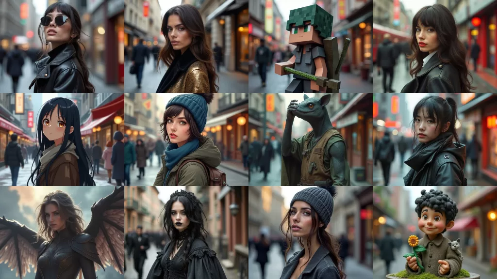 Stable Diffusion WebUI ForgeでDynamic PromptsとStylesを使い、同一の元画像に12種類のスタイルを適用したimg2img比較グリッド。リアル、アニメ、3D、ファンタジーなどの画風差を確認できる。