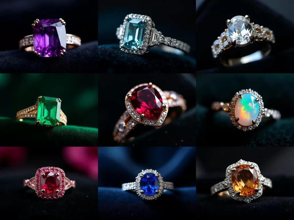 Stable Diffusion WebUI ForgeでDynamic Promptsのワイルドカードを使い、9種類の宝石を差し替えて生成したリングの比較画像。