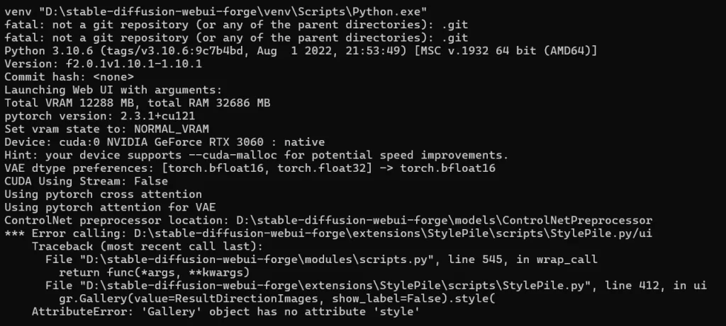 Stable Diffusion WebUI Forgeの起動ログ画面。RTX3060（12GB VRAM）、PyTorch 2.3.1+cu121、FLUX.1モデルで動作している様子。