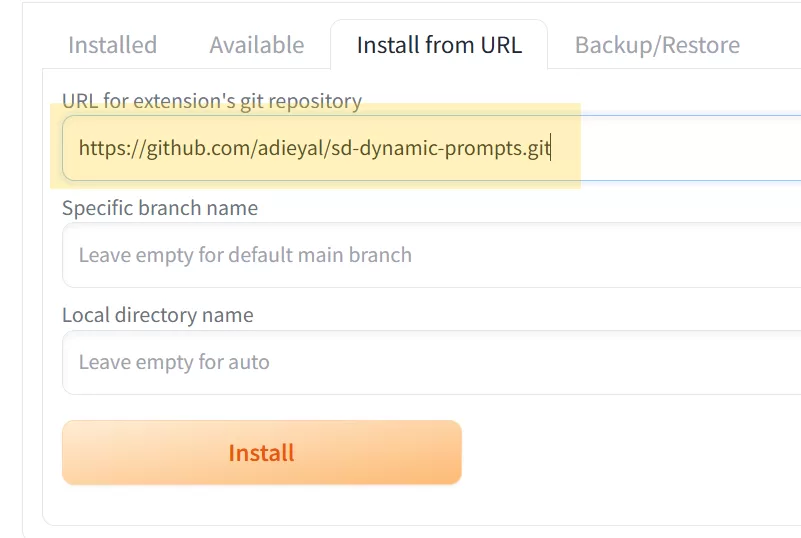 Stable Diffusion WebUI ForgeのExtensionsタブ。Install from URLからsd-dynamic-promptsをインストールする画面。
