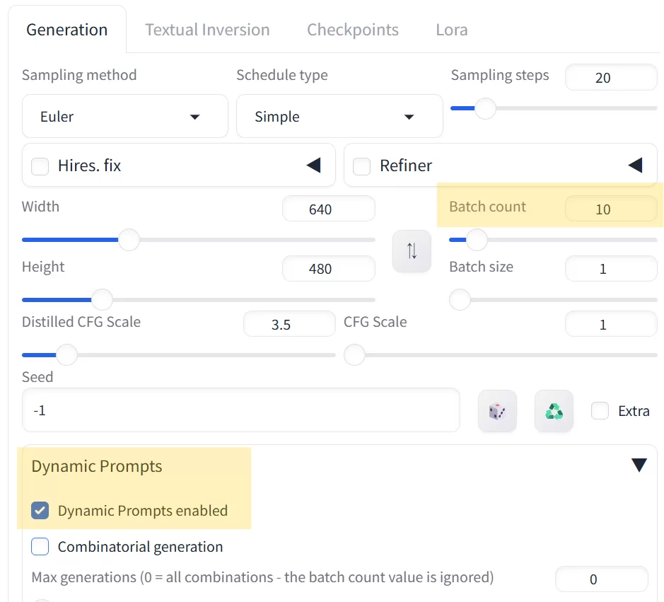 Dynamic Prompts拡張の設定画面。Dynamic Prompts enabledとCombinatorial generationが有効になっている状態。