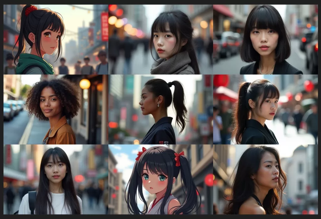 Dynamic Promptsのワイルドカード（__hairs__）を使って生成した髪型バリエーションの比較グリッド画像。