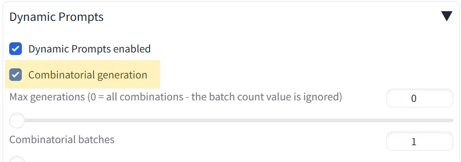 Combinatorial generationを有効化し、Max generationsを0に設定しているDynamic Promptsの詳細設定画面。