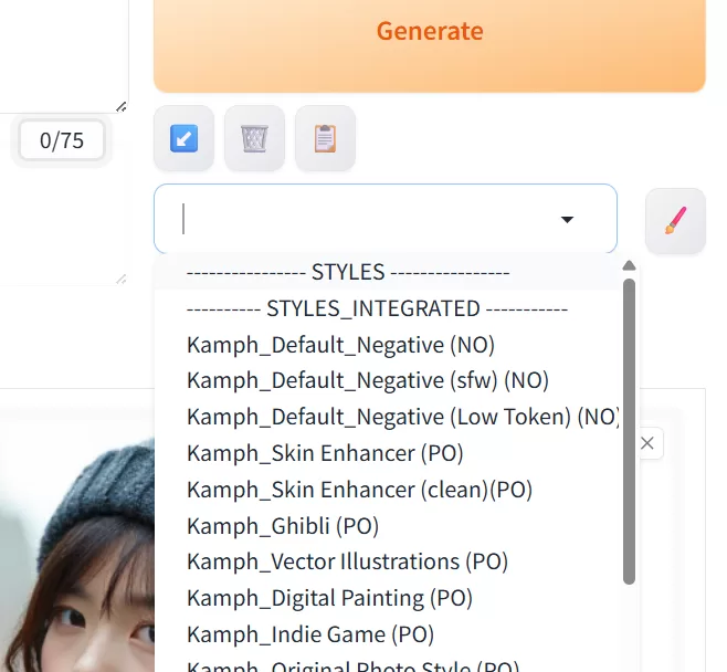 Stable Diffusion WebUI ForgeのStylesドロップダウンメニュー。内蔵スタイルを選択できるUI。