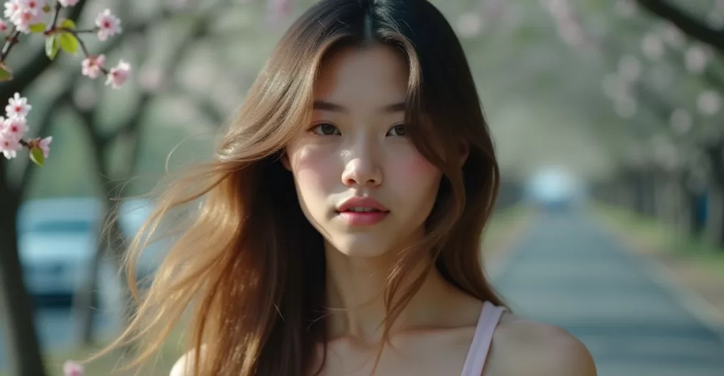 FLUX.1で生成したベースのモデル元画像を元に、桜並木のシチュエーションで生成。