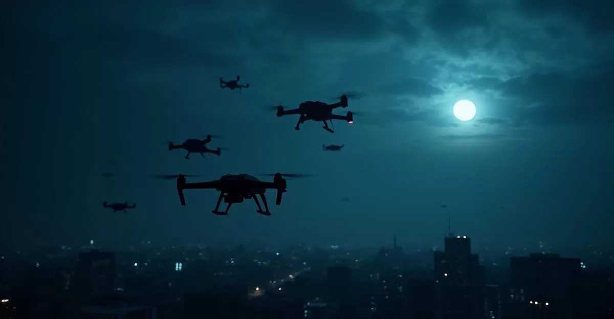 自律飛行する軍事ドローンの群れ。AIが判断に関与する戦争では、戦後に誰を裁くのかという問いが残る。