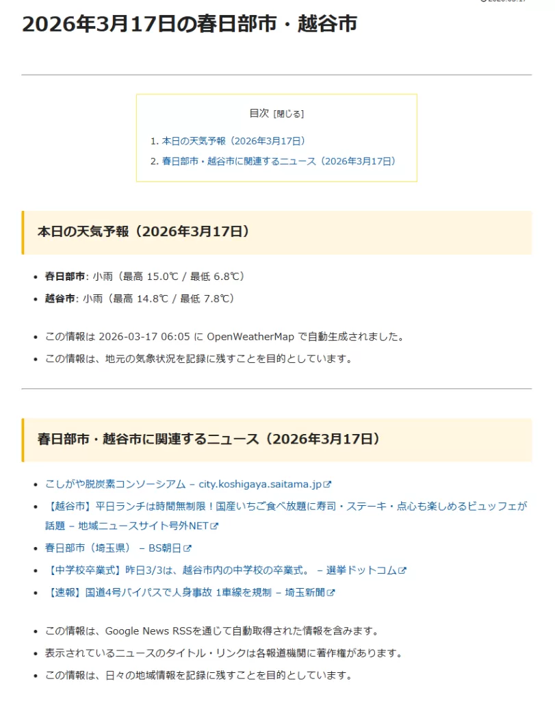 ラズパイの自動投稿で生成された春日部市・越谷市の天気とニュース記事の画面