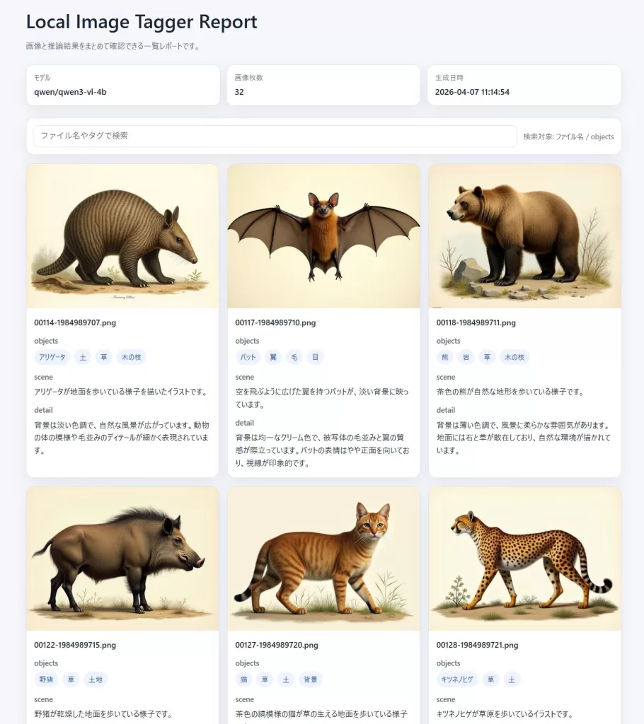 Local Image Taggerのレポート画面。画像ごとにobjects(タグ)・scene(概要)・detail(詳細)がカード形式で一覧表示されている